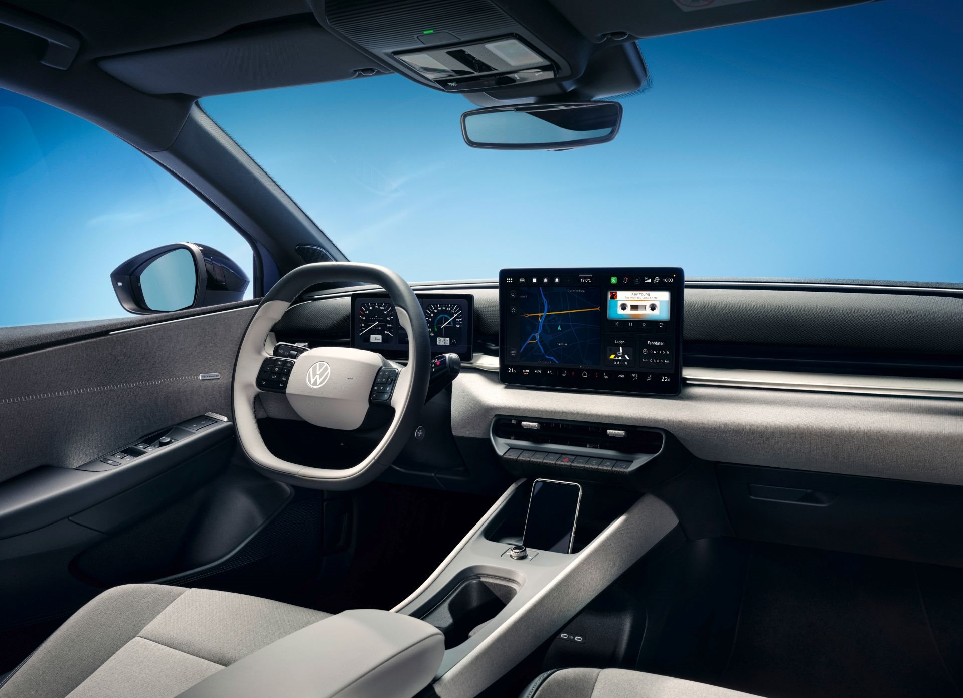 Volkswagen ID. Polo interior with digital driver display, central touchscreen and physical buttons